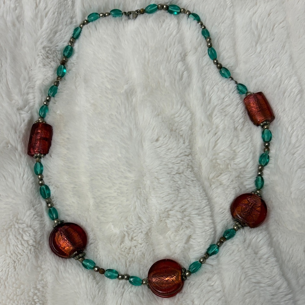 Vintage Indonesian Artisan Green and Coral Glass Bead Necklace